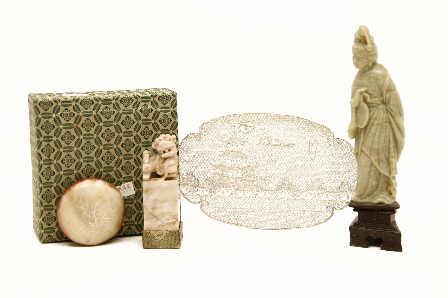 A collection of Chinese items, to include a quartz seal modelled with dog of fo, boxed, together