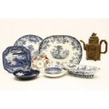 A collection of Japanese blue and white, a teapot, and Imari saucer