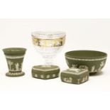 A collection of Wedgwood sage green jasperware, to include a footed bowl, vase, and two trinket