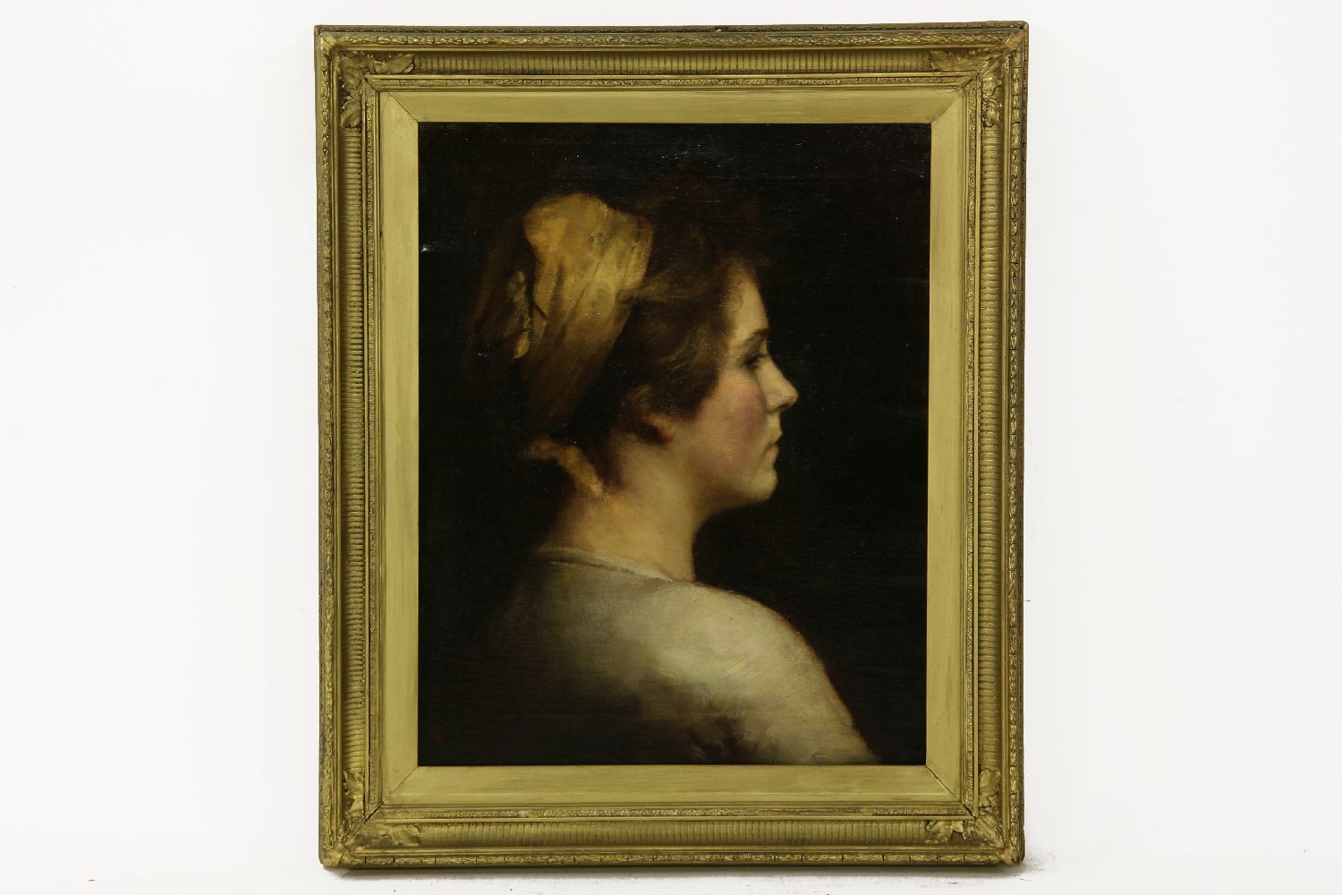 H...M...Plews (late 19th century)STUDY OF A WOMAN, HEAD AND SHOULDERS, WITH A GOLD HEADSCARFSigned