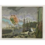 Constance Fenn (1933-2001)TWO FIGURES FLOATING ABOVE A DOCKYARDSigned l.r., oil on canvas71 x