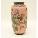 A 20th century pink ground cloisonne vase, decorated with finches and peonies, 32cm