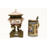A Vienna porcelain and metal mounted tankard, 18.5cm high and a Sevres style pot pourri and cover,