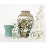 A group of Chinese porcelain, comprising a famille verte octagonal vase with warriors, 39cm, a