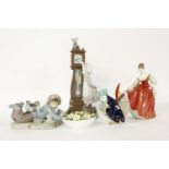 A Royal Doulton porcelain figure 'Fair Lady' , together with two lladro figures, a porcelain