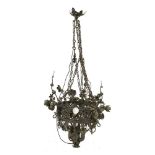 An unusual pressed painted metal and wrought iron chandelier,20th century, in the form of a ring