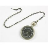 A military nickel plated pocket watch, the black faced dial with Arabic numerals and subsidiary