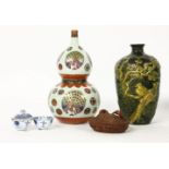 A collection of oriental items including a double gourd vase, a bronze vase, an ink box, and two