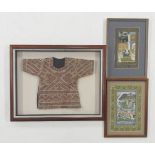 Two Indian miniature style paintings and an embroidered top