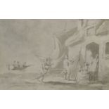 Peter La Cave (fl.1769-1810) FISHERMEN REPAIRING NETS BY A COTTAGE Pen and ink and grey and blue