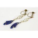 A pair of Art Deco simulated pearl and blue glass drop earrings, marked 9ct, 2.66g