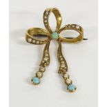 A gold split pearl and turquoise bow brooch (tested and valued as 9ct gold) circa 1900