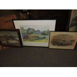 A watercolour of children at play, together with an oil painting of a snowy scene, and a print of '