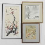 Three various chinese paintings to include one of blossom, together with a scroll depicting bamboo