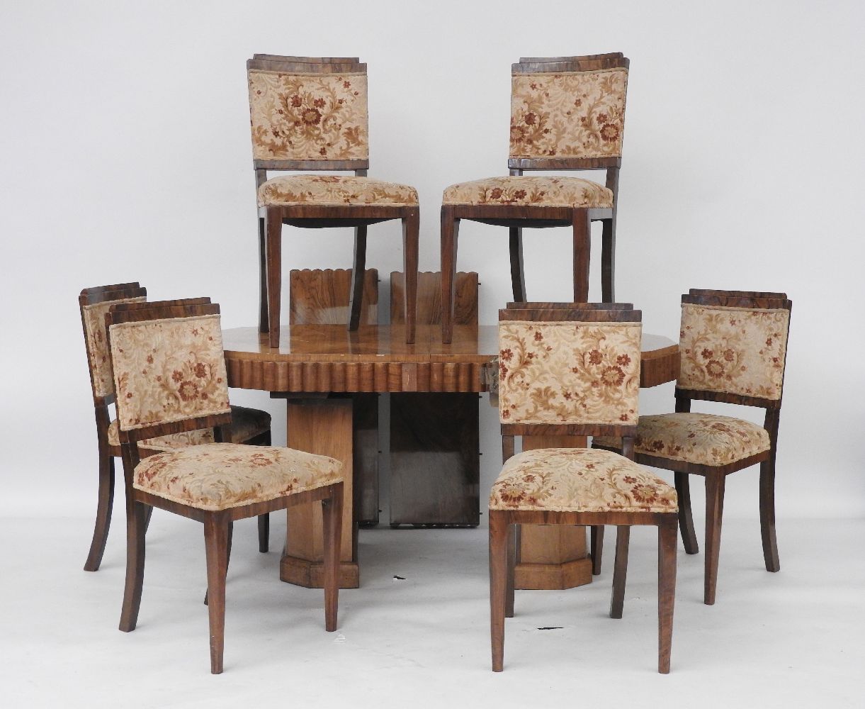 An Art Deco walnut dining room suite, comprising a table with two extra leaves, 156cm long x 93cm - Image 2 of 2