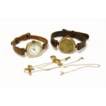 A ladies 9ct gold mechanical strap watch with Arabic numerals, a ladies gold mechanical strap watch,