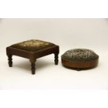 Two Victorian footstools, one circular, one square, with embroidered seats