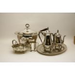 A Silver plate chaffing dish on stand with burner, together with a quantity of cased cutlery, and