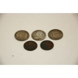 Five old coins, comprising: 2 Victorian Jubilee half crowns, 1887 and 1897, A George lll half crown,