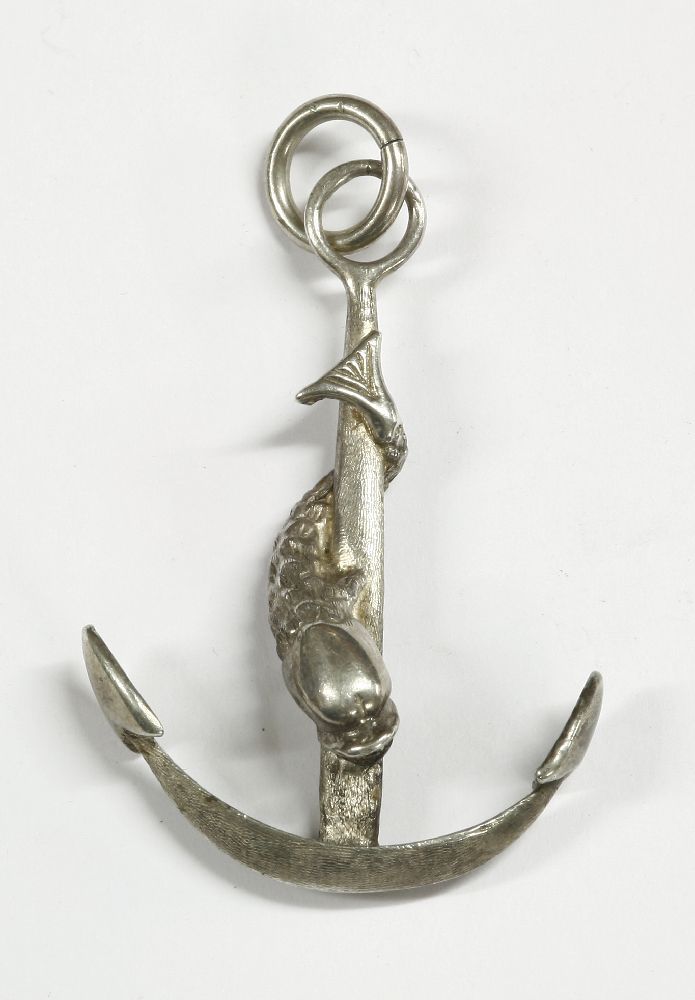 An anchor and dolphin pendant, a textured anchor with scrolling dolphin to bale, hallmarked silver