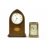 An Edwardian lancet mantel clock, and brass carriage clock