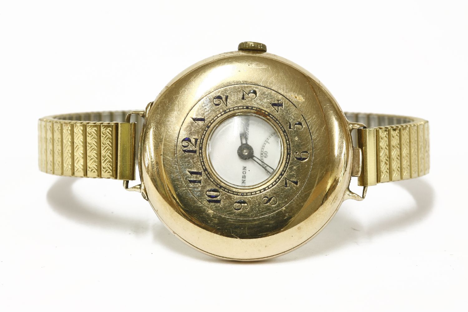A gentleman's 9ct gold Benson half hunter strap watch, with later expanding bracelet