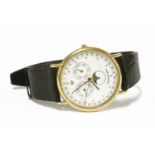 A gentleman's gold plated Raymond Weil quartz strap watch, white dial with three subsidiary dials,