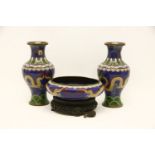 A pair of cloisonné vases, and matching bowl with dragon motif decoration