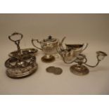 A collection of miscellaneous plated items including a tea service, an entree dish, an egg cruet