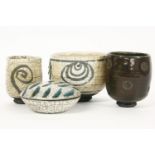 Simon Leach, four raku crackle-glaze pots, one bowl,15cm diameter, and two yunomi, each with wax-