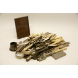 A box of silver plate and silver items, including a silver photograph frame, and cutlery