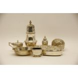 A group of miscellaneous silver and plated items, including a condiment set, a dish, a box, a castor