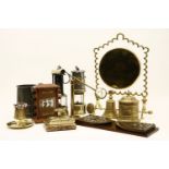 Brassware: miner's lamps (2), gong, pewter mug, book rest, calendar, etc.