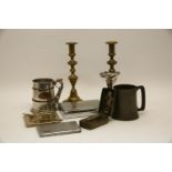 Five Victorian silver coffee spoons and tongs, together with a box of plated and metal wares, to