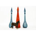 Three 1960's coloured glass bottle vases, and a Royal Doulton figure of a shire horse