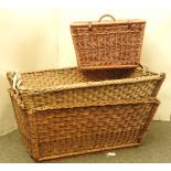 Two large wicker laundry baskets, 90cm x 58cm, together with a small wicker hamper