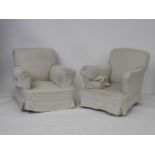 A Howard style two seat settee, together with a pair of arm chairs, all on short turned legs