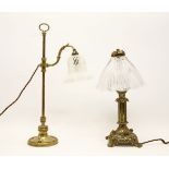 An Edwardian adjustable brass desk lamp, with vaseline glass shade, and another lamp. Tallest