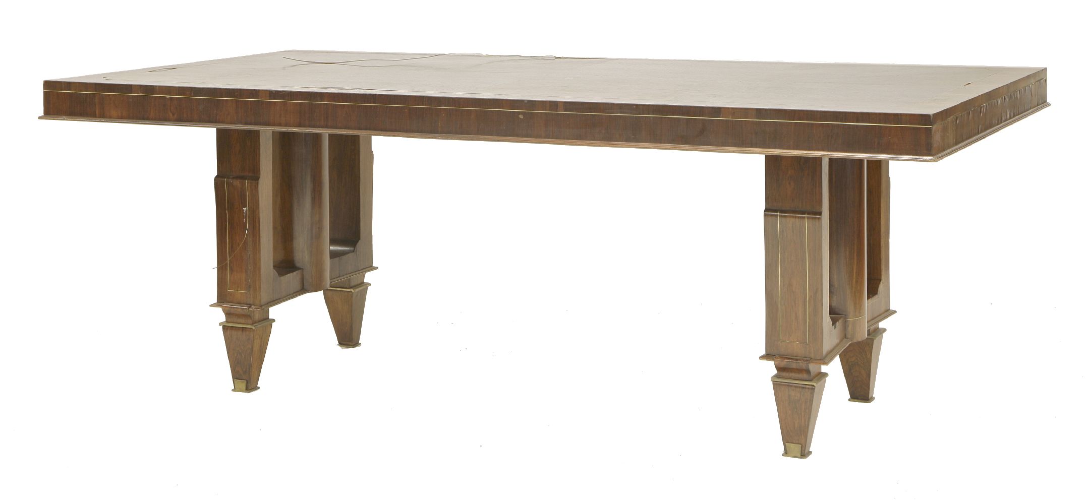 A French rosewood and brass inlaid table,202cm wide100cm deep74.5cm high