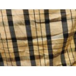 A pair of gold and black check silk lined and inter lined curtains, each 140cm x 200cm, together