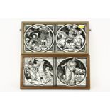 Four Moyr Smith tiles, double framed, 17.5 x 33cm