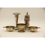 Five early 20th century silver items: a 17th style sugar shaker, two quaiches, a spill vase and a