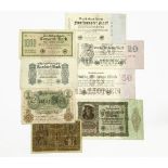 Eight German mark banknotes: 20, 50, 100, 500, 50,000, 20 million, 50 million