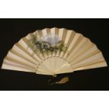 Three fans: two with ivory sticks and painted silk. 27 and 35cm high, the other Chinese carved wood.