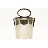 A French silver plated ice bucket, the lid with a green leather handle