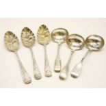 Three silver berry spoons, with marks for London 1808, together with three silver sauce ladles