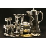 A set of silver teaspoons, a silver vesta case together with a collection of silver plated items