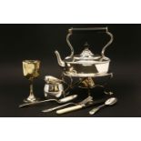 A small quantity of silver plated wares to include a spirit kettle on stand, an entree dish and
