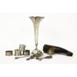 A silver trumpet vase, 23cm high, napkin rings, powder horn, copy of early spoon, etc.