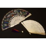 Two Chinese fans, 19th century, each with carved ivory sticks, one with double sided painted paper